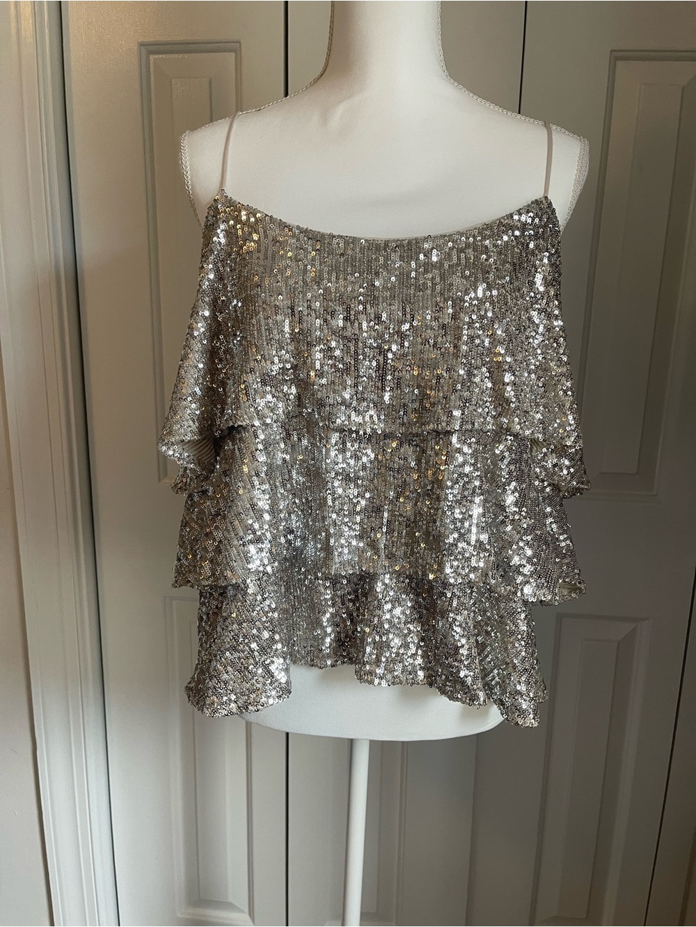 Silver Sequin Ruffle Cami Top